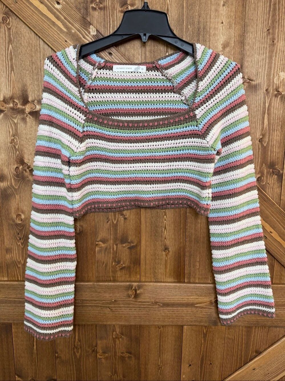 Altar’d State Women’s XS Multicolor Striped Crochet Knit Cropped Long Sleeve Top